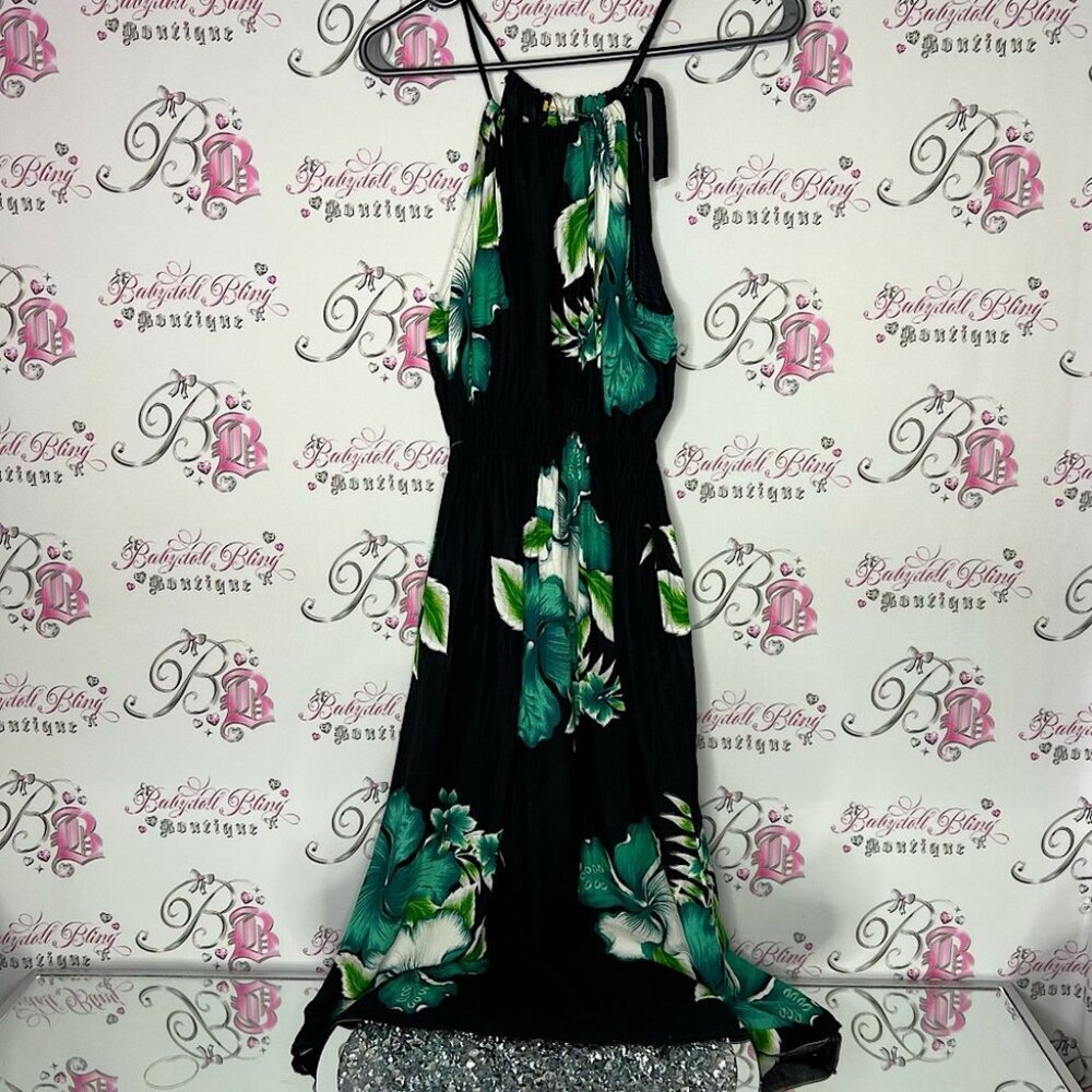 Hawaii dress halter floral black blue green white coverup beach swim classic